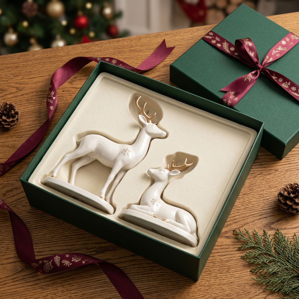 Christmas Reindeer Ornaments – Set of 2 Standing & Reclining Deer in Pearl White with Champagne-Gold Antlers