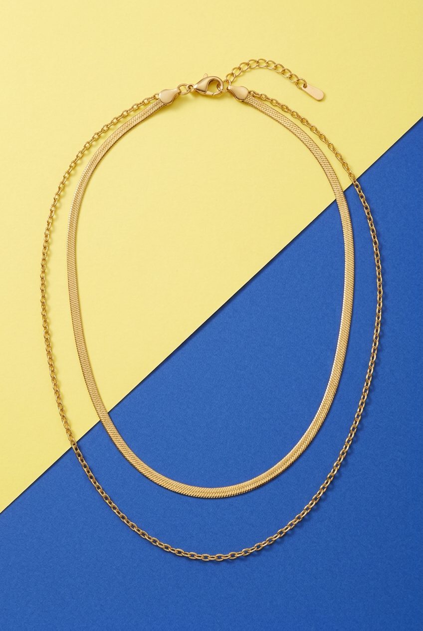Aerivova Aurora Gold-Tone Double-Layer Herringbone and Oval-Link Chain Necklace for Effortless Statement Styling