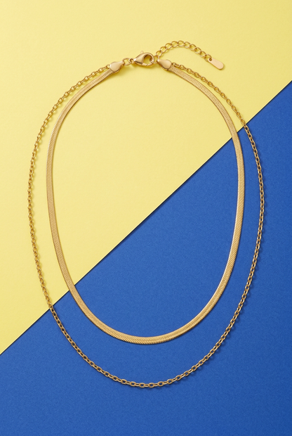 Aerivova Aurora Gold-Tone Double-Layer Herringbone and Oval-Link Chain Necklace for Effortless Statement Styling
