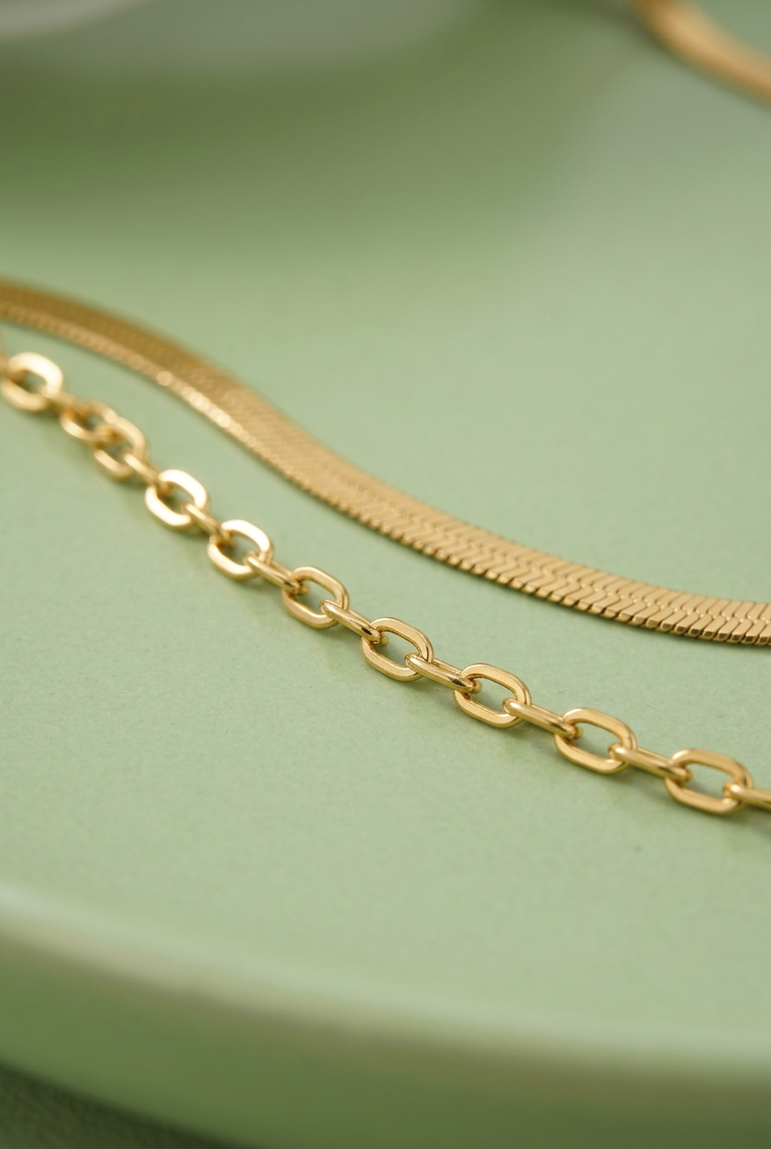 Aerivova Aurora Gold-Tone Double-Layer Herringbone and Oval-Link Chain Necklace for Effortless Statement Styling