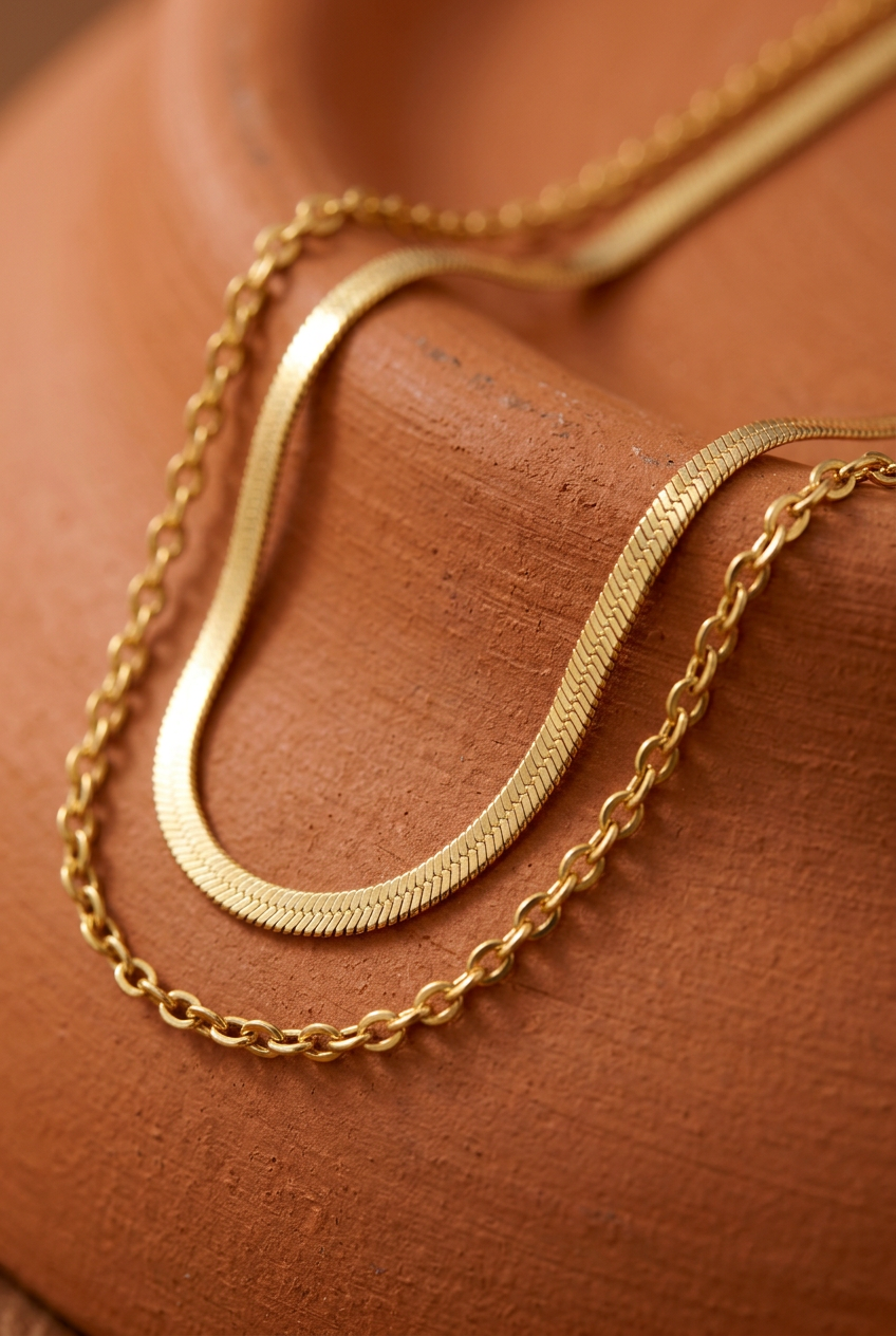 Aerivova Aurora Gold-Tone Double-Layer Herringbone and Oval-Link Chain Necklace for Effortless Statement Styling