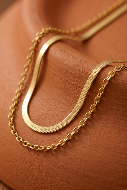 Aerivova Aurora Gold-Tone Double-Layer Herringbone and Oval-Link Chain Necklace for Effortless Statement Styling