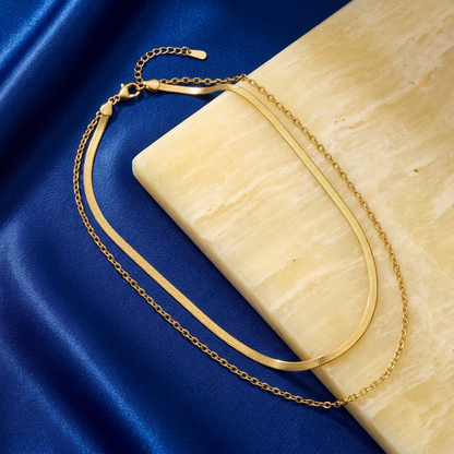 Aerivova Aurora Gold-Tone Double-Layer Herringbone and Oval-Link Chain Necklace for Effortless Statement Styling