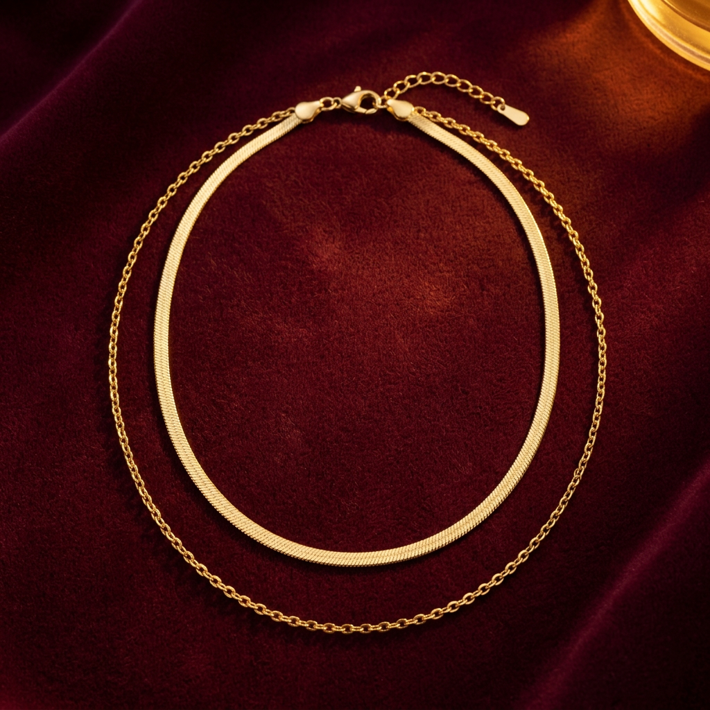 Aerivova Aurora Gold-Tone Double-Layer Herringbone and Oval-Link Chain Necklace for Effortless Statement Styling