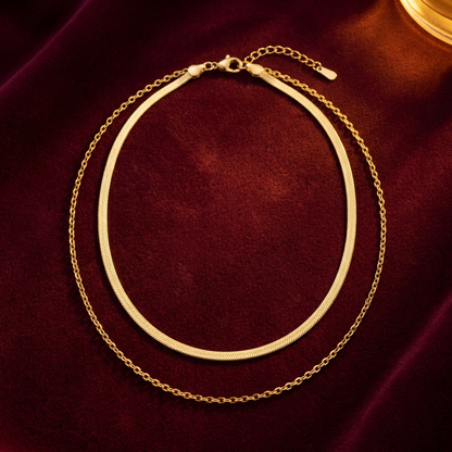 Aerivova Aurora Gold-Tone Double-Layer Herringbone and Oval-Link Chain Necklace for Effortless Statement Styling
