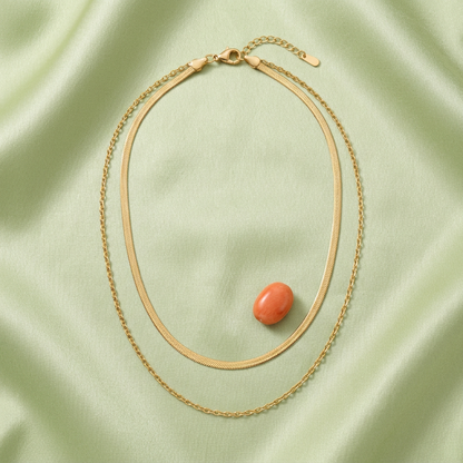 Aerivova Aurora Gold-Tone Double-Layer Herringbone and Oval-Link Chain Necklace for Effortless Statement Styling