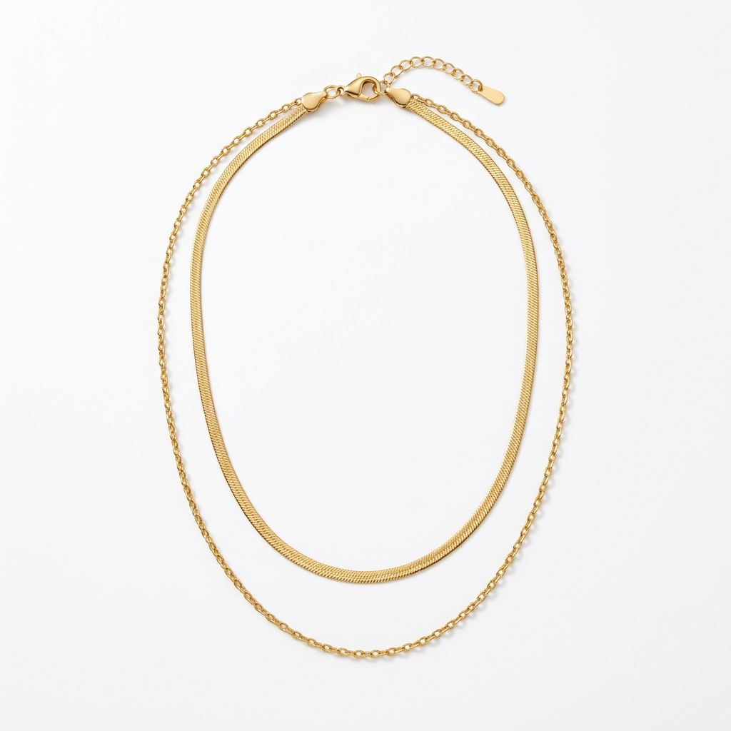 Aerivova Aurora Gold-Tone Double-Layer Herringbone and Oval-Link Chain Necklace for Effortless Statement Styling