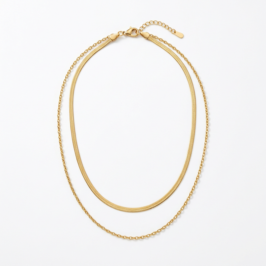 Aerivova Aurora Gold-Tone Double-Layer Herringbone and Oval-Link Chain Necklace for Effortless Statement Styling