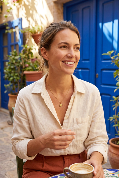 Aerivova Solstice Sun Medallion Necklace for Radiant Color Palettes, Open Necklines and Expressive Everyday Styling