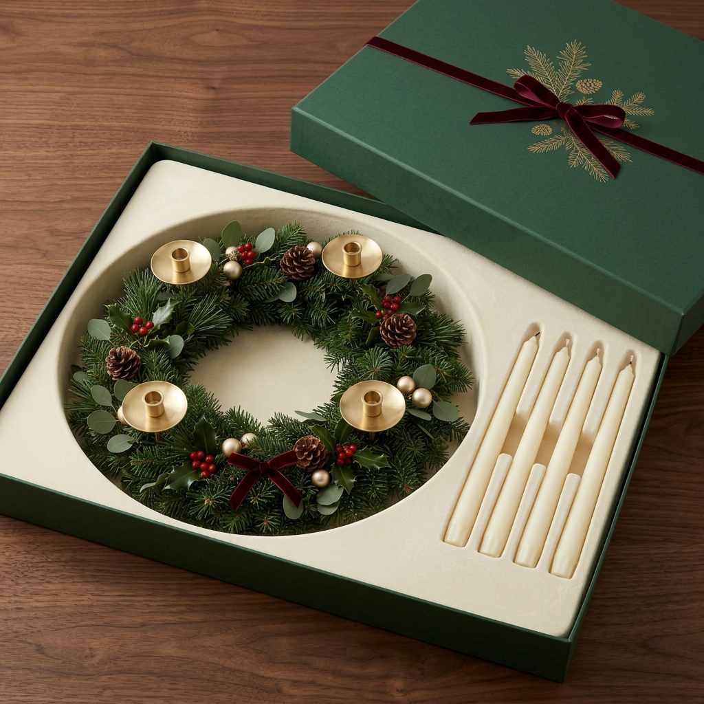Christmas Advent Wreath Candle Holder – Four-Candle Centerpiece with Forest-Green Foliage, Red Berries, Pinecones & Brass-Colored Accents
