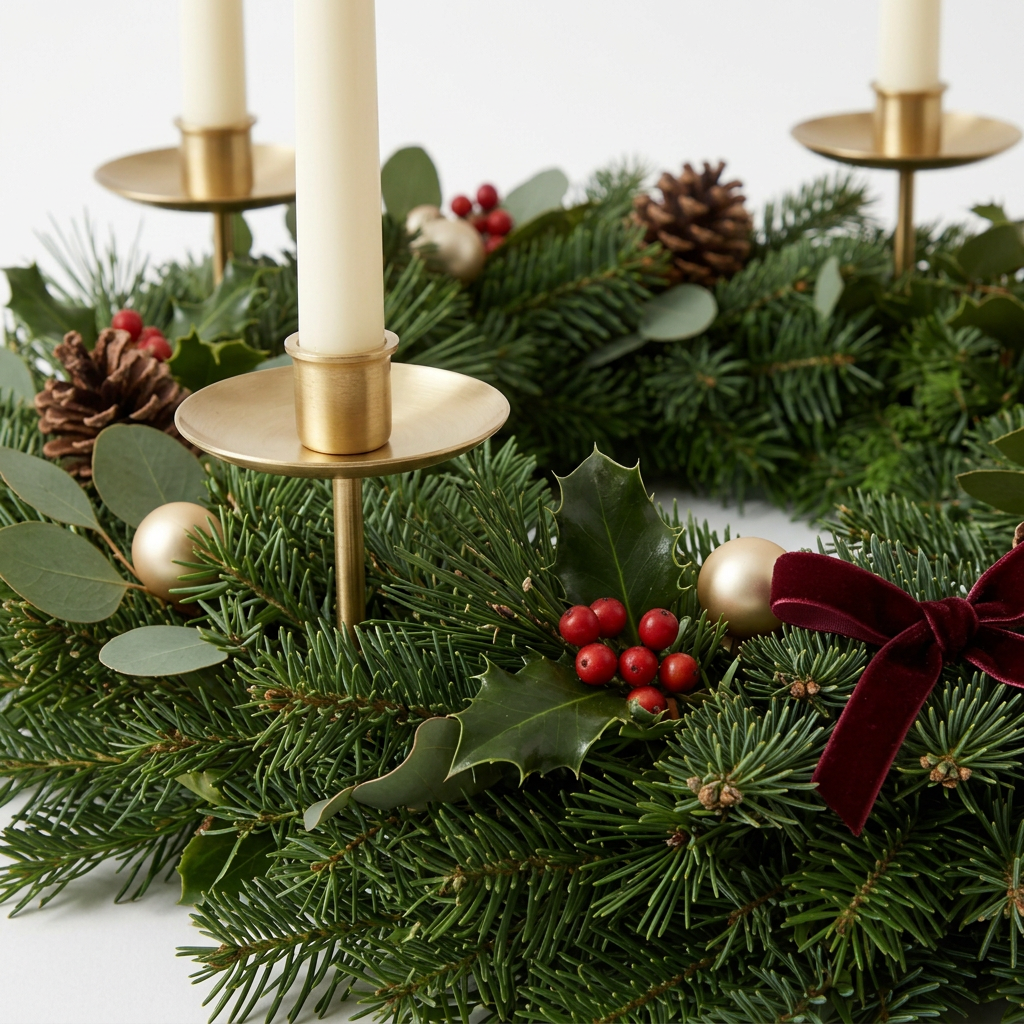 Christmas Advent Wreath Candle Holder – Four-Candle Centerpiece with Forest-Green Foliage, Red Berries, Pinecones & Brass-Colored Accents