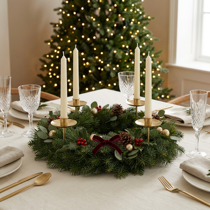 Christmas Advent Wreath Candle Holder – Four-Candle Centerpiece with Forest-Green Foliage, Red Berries, Pinecones & Brass-Colored Accents