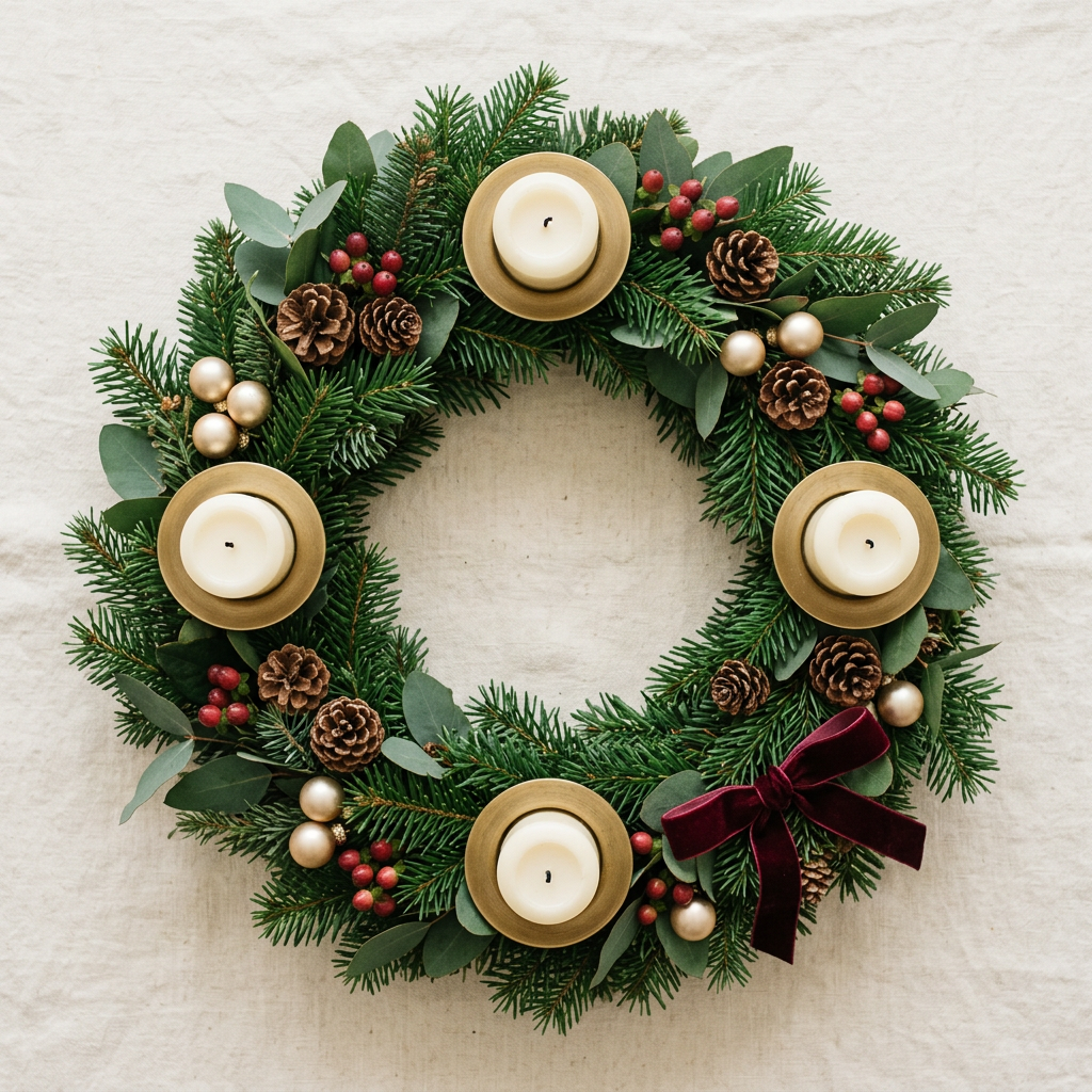 Christmas Advent Wreath Candle Holder – Four-Candle Centerpiece with Forest-Green Foliage, Red Berries, Pinecones & Brass-Colored Accents