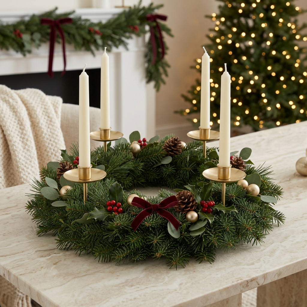 Christmas Advent Wreath Candle Holder – Four-Candle Centerpiece with Forest-Green Foliage, Red Berries, Pinecones & Brass-Colored Accents
