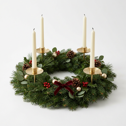 Christmas Advent Wreath Candle Holder – Four-Candle Centerpiece with Forest-Green Foliage, Red Berries, Pinecones & Brass-Colored Accents