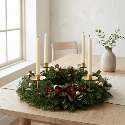 Christmas Advent Wreath Candle Holder – Four-Candle Centerpiece with Forest-Green Foliage, Red Berries, Pinecones & Brass-Colored Accents