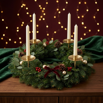 Christmas Advent Wreath Candle Holder – Four-Candle Centerpiece with Forest-Green Foliage, Red Berries, Pinecones & Brass-Colored Accents