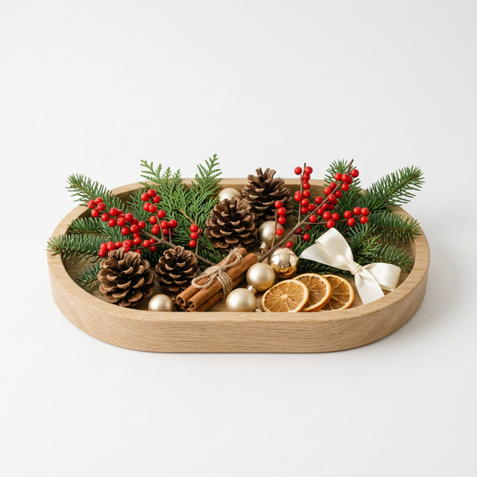 Christmas Centrepiece Tray – Wooden Table Decoration with Pinecones, Red Berries, Evergreen Accents & Dried Orange Details