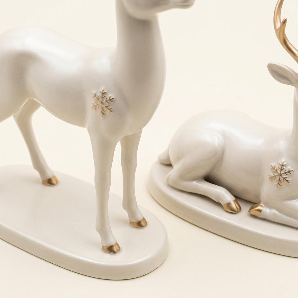 Christmas Reindeer Ornaments – Set of 2 Standing & Reclining Deer in Pearl White with Champagne-Gold Antlers