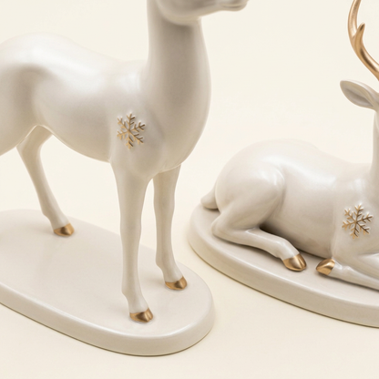 Christmas Reindeer Ornaments – Set of 2 Standing & Reclining Deer in Pearl White with Champagne-Gold Antlers