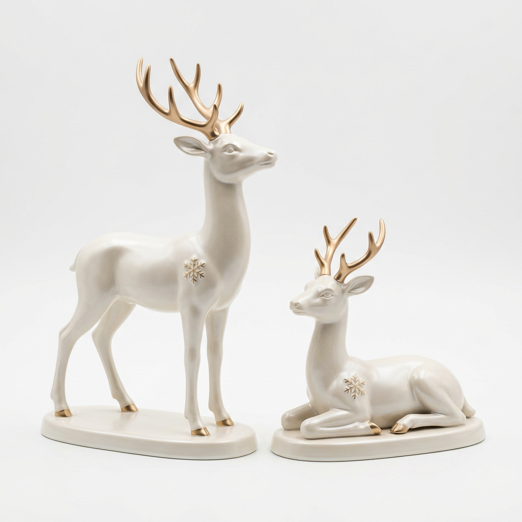 Christmas Reindeer Ornaments – Set of 2 Standing & Reclining Deer in Pearl White with Champagne-Gold Antlers