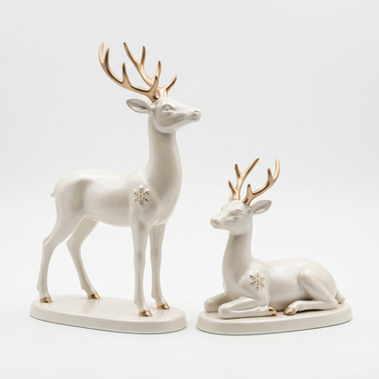 Christmas Reindeer Ornaments – Set of 2 Standing & Reclining Deer in Pearl White with Champagne-Gold Antlers
