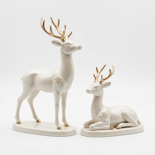 Christmas Reindeer Ornaments – Set of 2 Standing & Reclining Deer in Pearl White with Champagne-Gold Antlers