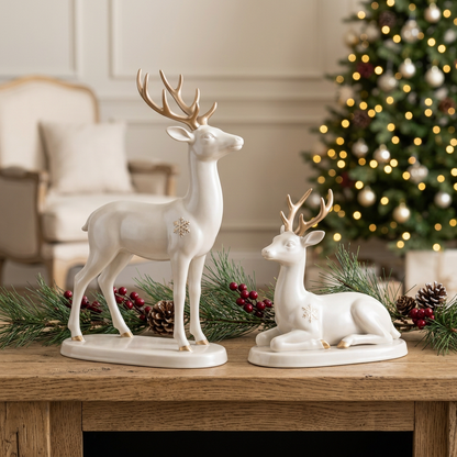 Christmas Reindeer Ornaments – Set of 2 Standing & Reclining Deer in Pearl White with Champagne-Gold Antlers
