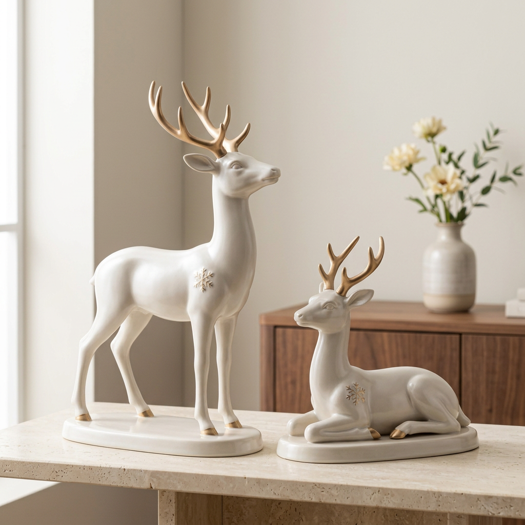 Christmas Reindeer Ornaments – Set of 2 Standing & Reclining Deer in Pearl White with Champagne-Gold Antlers