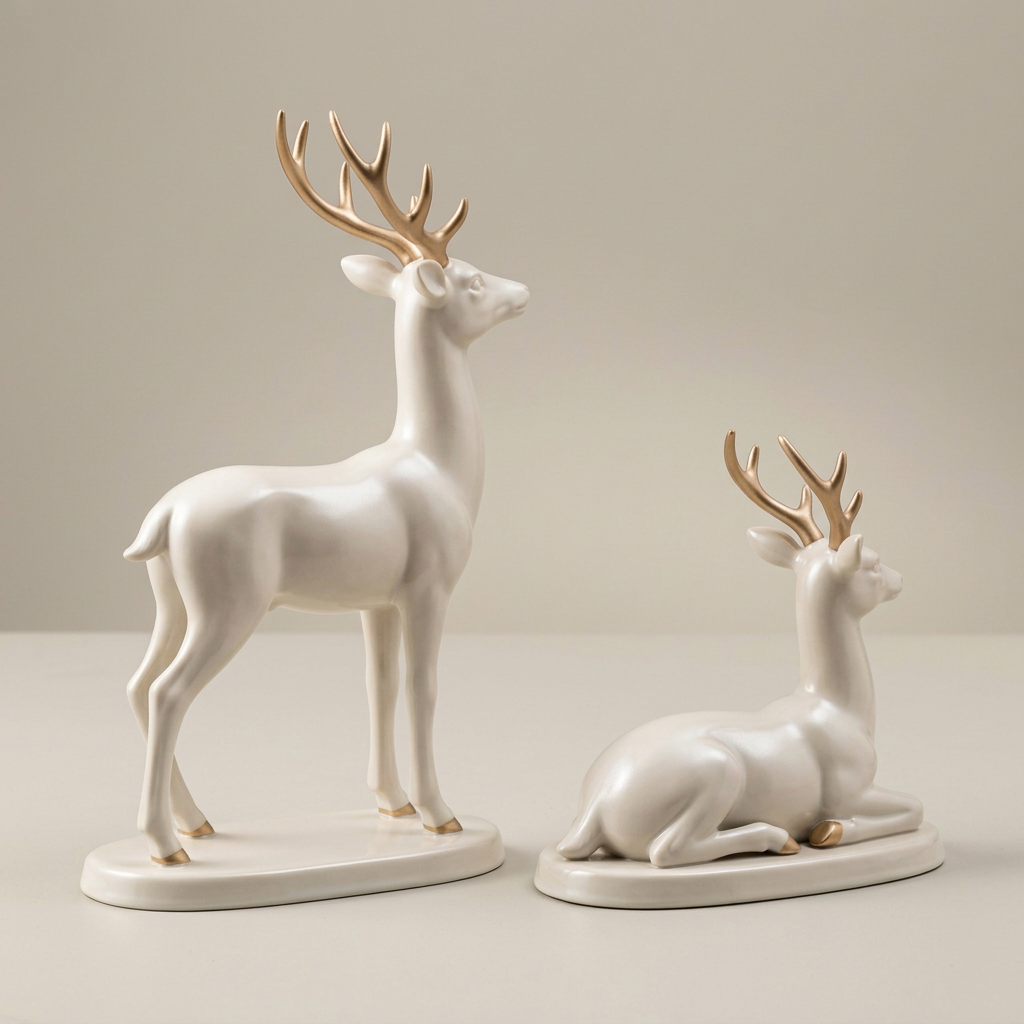 Christmas Reindeer Ornaments – Set of 2 Standing & Reclining Deer in Pearl White with Champagne-Gold Antlers