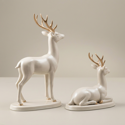 Christmas Reindeer Ornaments – Set of 2 Standing & Reclining Deer in Pearl White with Champagne-Gold Antlers