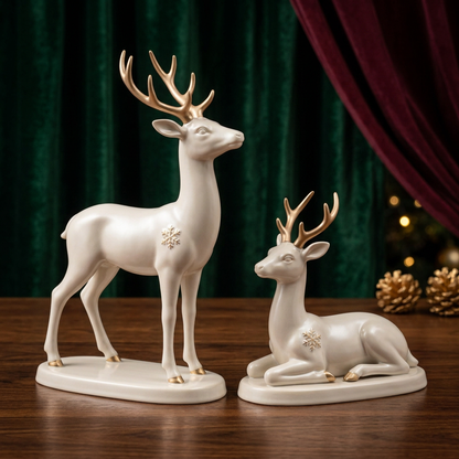 Christmas Reindeer Ornaments – Set of 2 Standing & Reclining Deer in Pearl White with Champagne-Gold Antlers