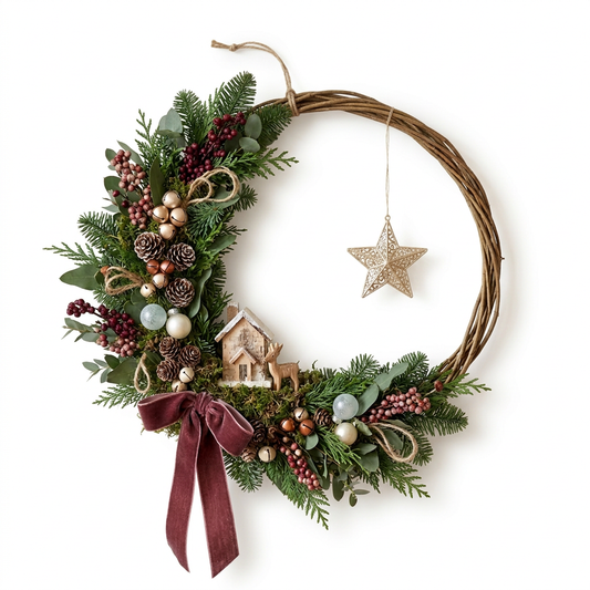 Christmas Door Wreath – Winter Forest Cottage & Deer Design with Hanging Gold Star and Burgundy Velvet Bow