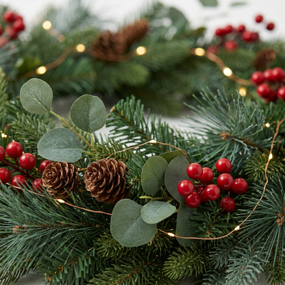 2m Christmas Staircase Banister Garland – Artificial Evergreen, Red Berries & Pinecones with Warm-White Copper-Wire LED Lights
