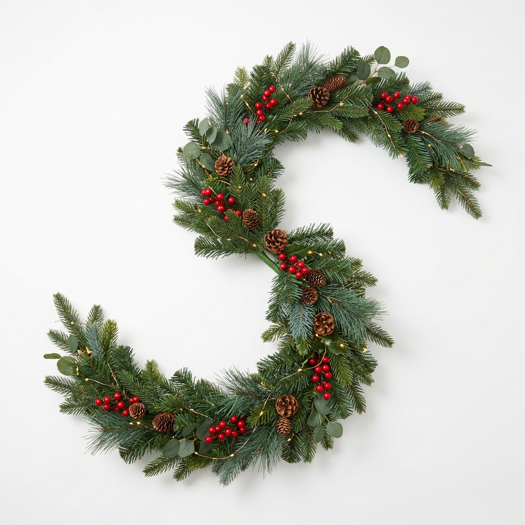 2m Christmas Staircase Banister Garland – Artificial Evergreen, Red Berries & Pinecones with Warm-White Copper-Wire LED Lights