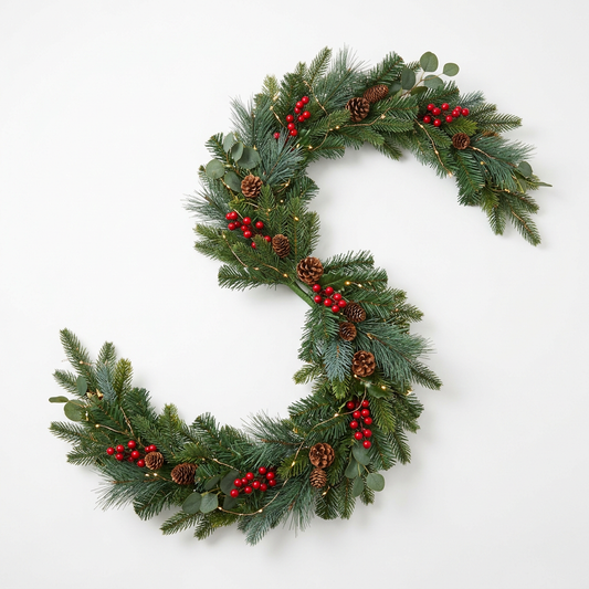 2m Christmas Staircase Banister Garland – Artificial Evergreen, Red Berries & Pinecones with Warm-White Copper-Wire LED Lights