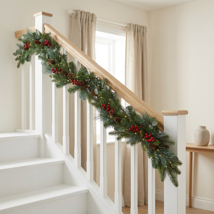 2m Christmas Staircase Banister Garland – Artificial Evergreen, Red Berries & Pinecones with Warm-White Copper-Wire LED Lights