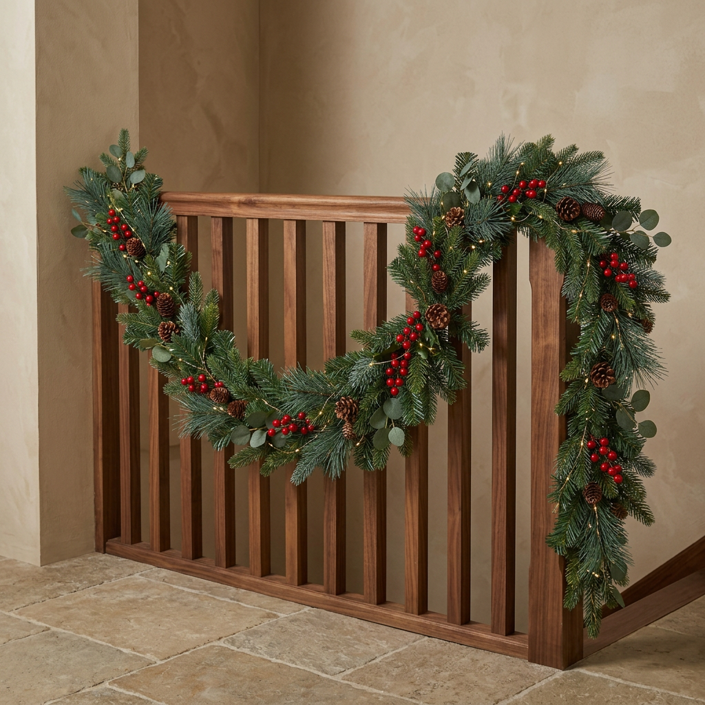 2m Christmas Staircase Banister Garland – Artificial Evergreen, Red Berries & Pinecones with Warm-White Copper-Wire LED Lights