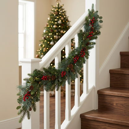 2m Christmas Staircase Banister Garland – Artificial Evergreen, Red Berries & Pinecones with Warm-White Copper-Wire LED Lights