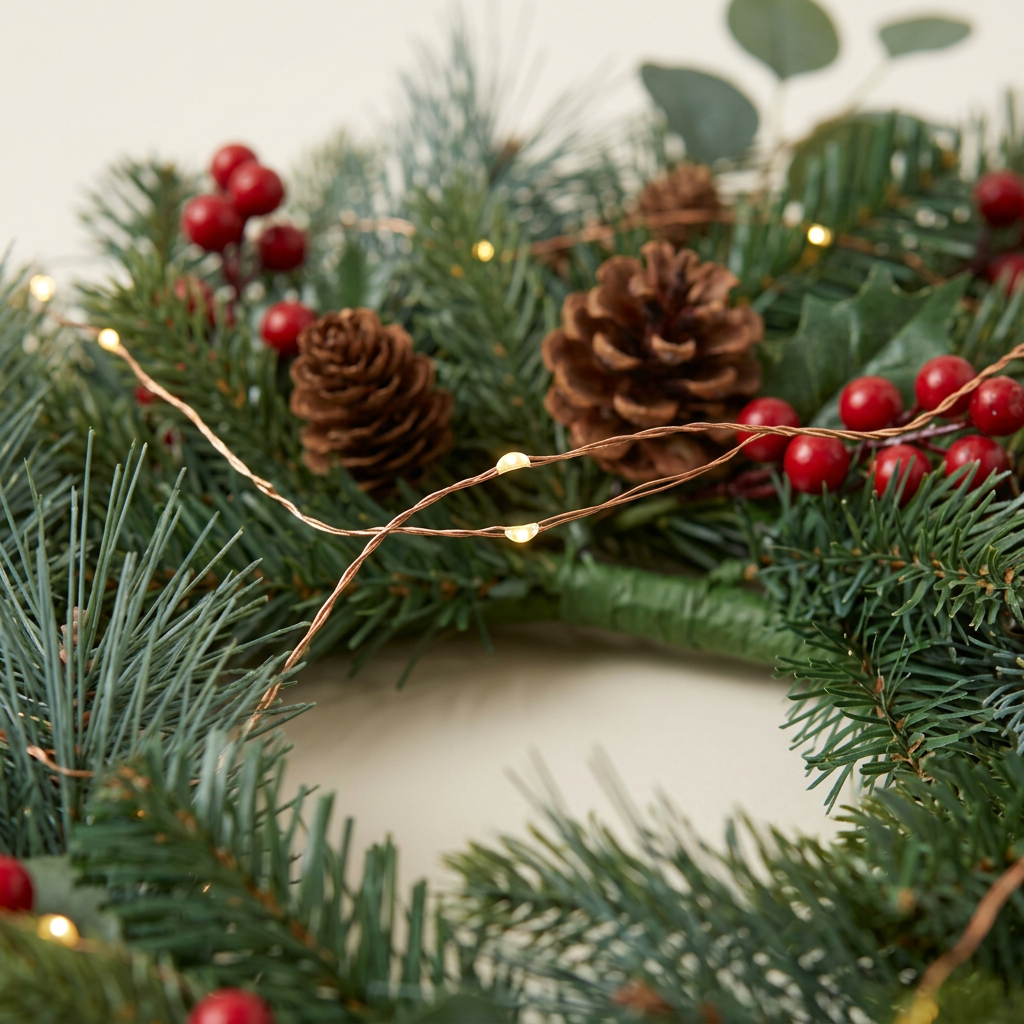 2m Christmas Staircase Banister Garland – Artificial Evergreen, Red Berries & Pinecones with Warm-White Copper-Wire LED Lights