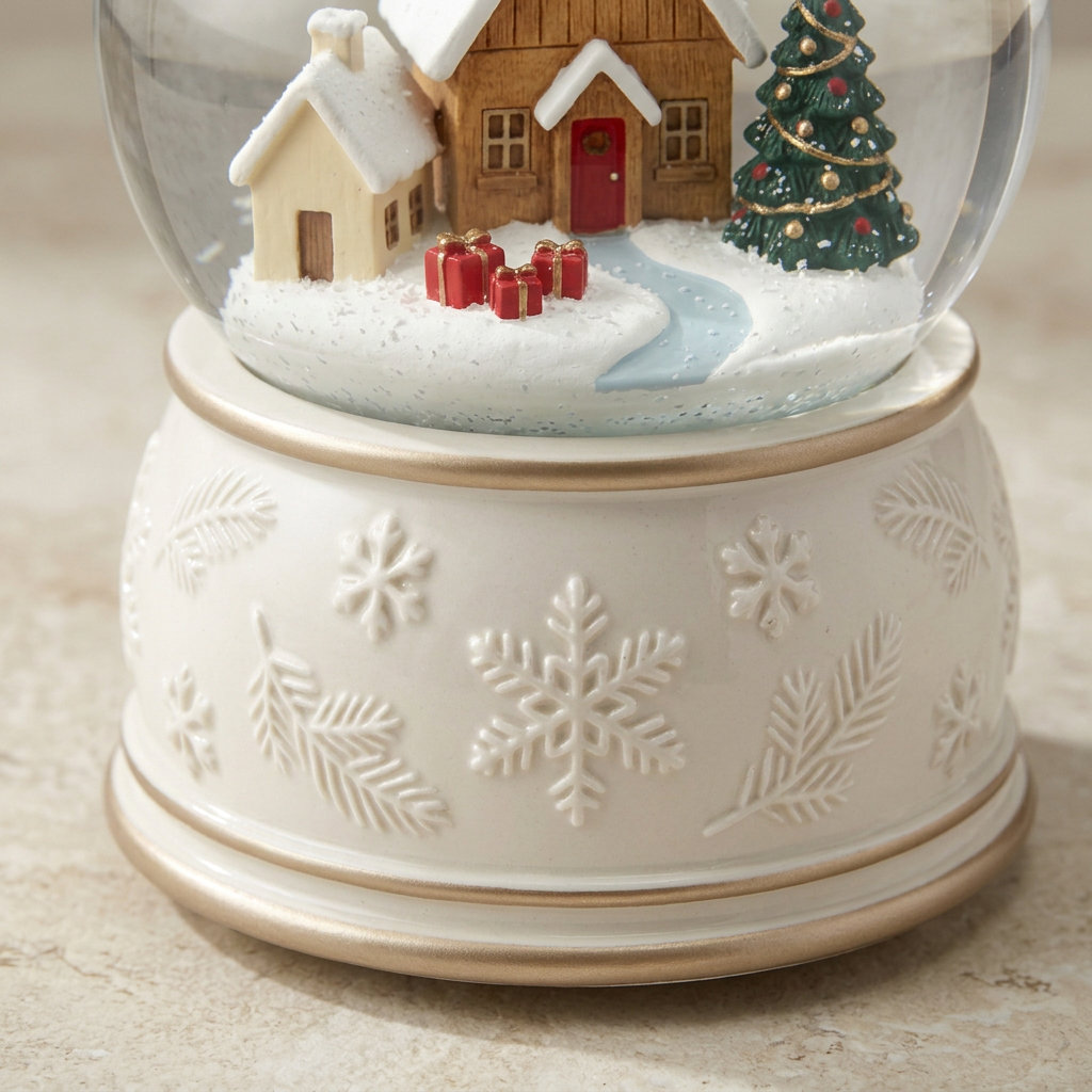 Christmas Glass Snow Globe Music Box – Winter Village with Snow-Covered Cottages, Pearl-White Snowflake Base & Champagne-Gold Accents