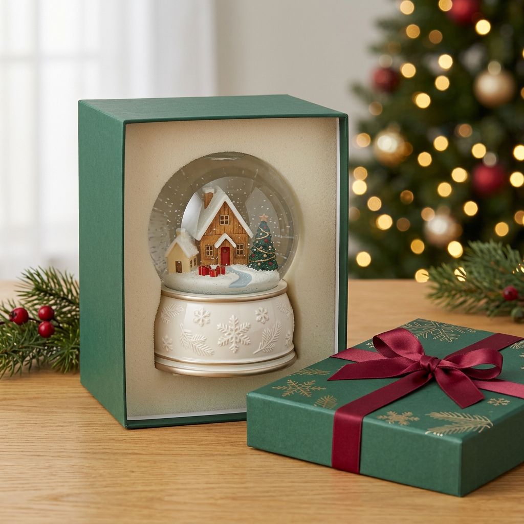 Christmas Glass Snow Globe Music Box – Winter Village with Snow-Covered Cottages, Pearl-White Snowflake Base & Champagne-Gold Accents