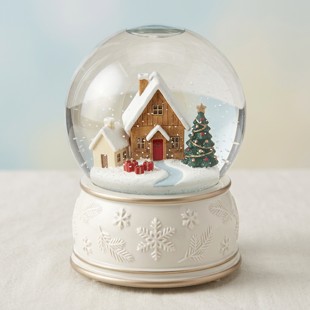 Christmas Glass Snow Globe Music Box – Winter Village with Snow-Covered Cottages, Pearl-White Snowflake Base & Champagne-Gold Accents