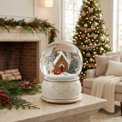 Christmas Glass Snow Globe Music Box – Winter Village with Snow-Covered Cottages, Pearl-White Snowflake Base & Champagne-Gold Accents
