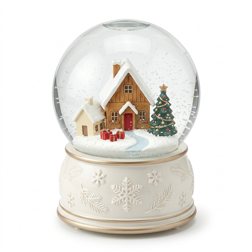 Christmas Glass Snow Globe Music Box – Winter Village with Snow-Covered Cottages, Pearl-White Snowflake Base & Champagne-Gold Accents