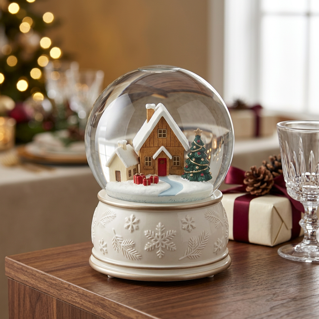 Christmas Glass Snow Globe Music Box – Winter Village with Snow-Covered Cottages, Pearl-White Snowflake Base & Champagne-Gold Accents