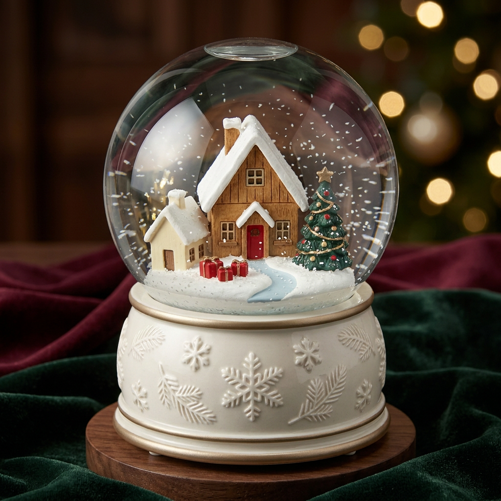 Christmas Glass Snow Globe Music Box – Winter Village with Snow-Covered Cottages, Pearl-White Snowflake Base & Champagne-Gold Accents