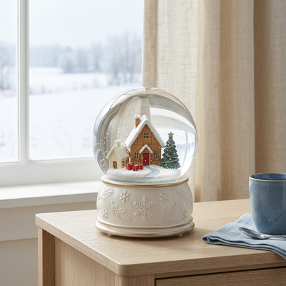 Christmas Glass Snow Globe Music Box – Winter Village with Snow-Covered Cottages, Pearl-White Snowflake Base & Champagne-Gold Accents
