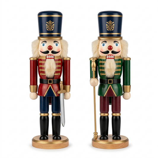 Christmas Nutcracker Soldier Figurines – Red & Forest-Green Wooden Pair with Navy Military Hats, Fluffy White Beards & Gold-Colored Details