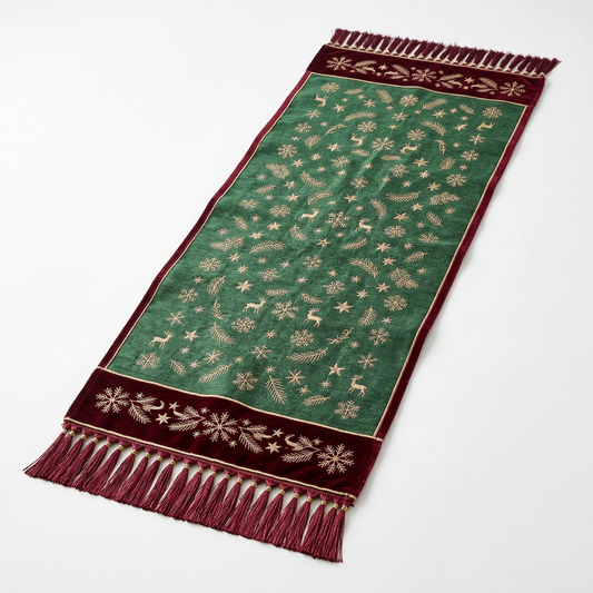 Christmas Mantelpiece Scarf – Forest-Green Decorative Runner with Burgundy Borders, Gold-Colored Reindeer & Snowflake Motifs and Tassel Fringe